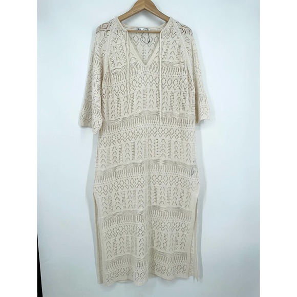 ZARA Crochet Maxi Dress Sheer Open Knit Long Sleeve Beach Cover Up Dress, Cream - Picture 6 of 14